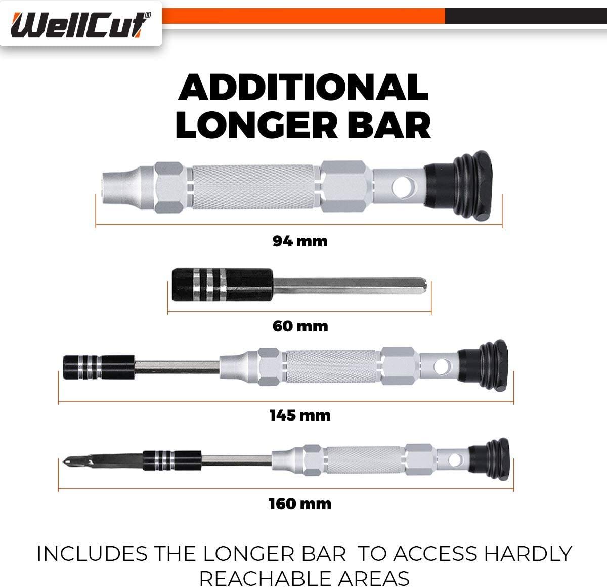 Набір викруток WellCut Precision Multipurpose 38 предметів з подовжувачем 60мм, алюмінієвою ручкою 94мм (WC-MPS38U), фото №7 Набір викруток WellCut Precision Multipurpose 38 предметів з подовжувачем 60мм, алюмінієвою ручкою 94мм (WC-MPS38U), фото №7