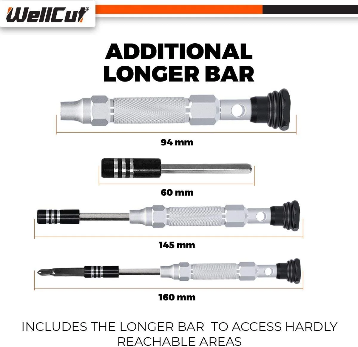 Набір викруток WellCut Precision Multipurpose 38 предметів з подовжувачем 60мм, алюмінієвою ручкою 94мм (WC-MPS38U), фото №7