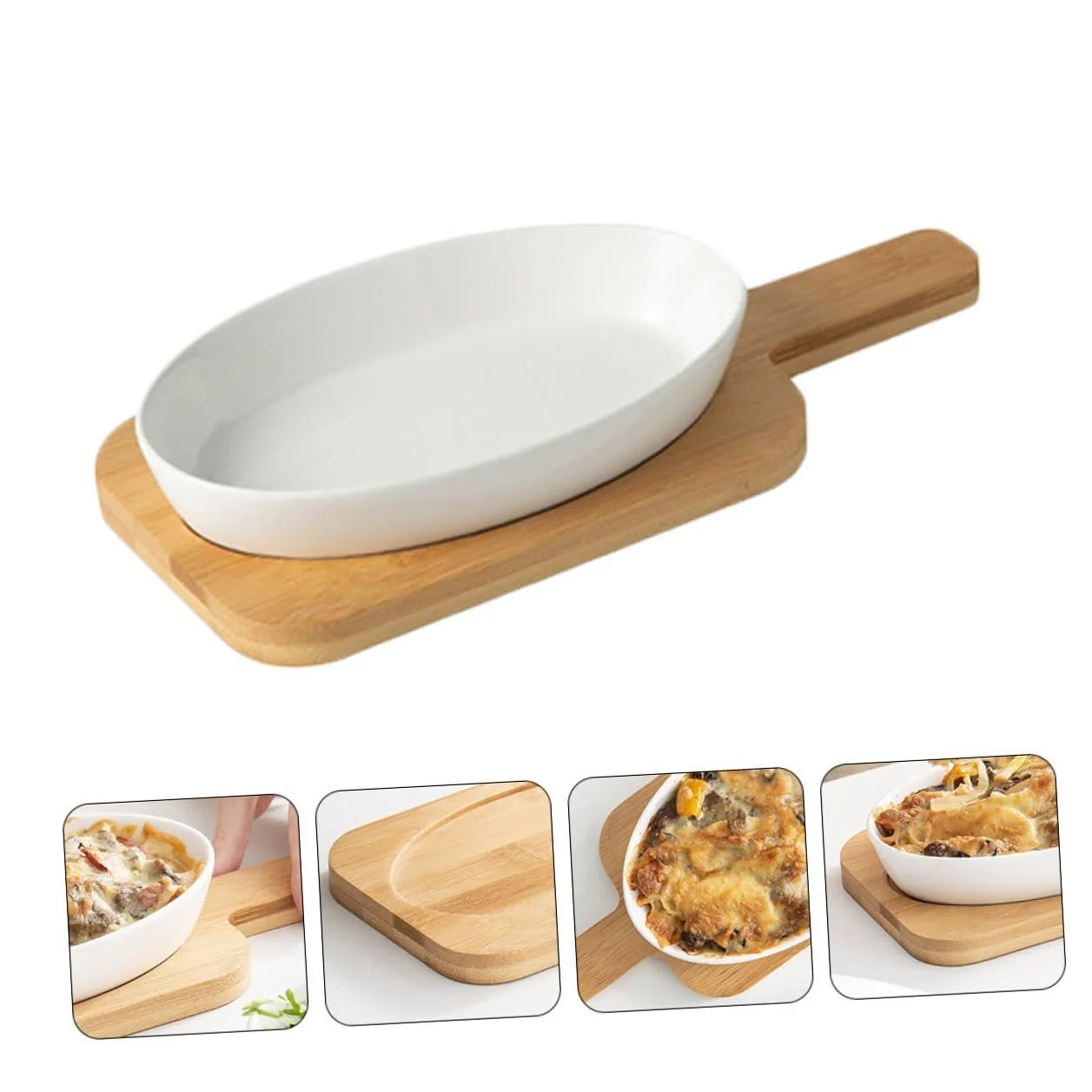 Форма для запекания Toyvian керамическая овальная с деревянной подставкой термостойкая антипригарная, фото №5