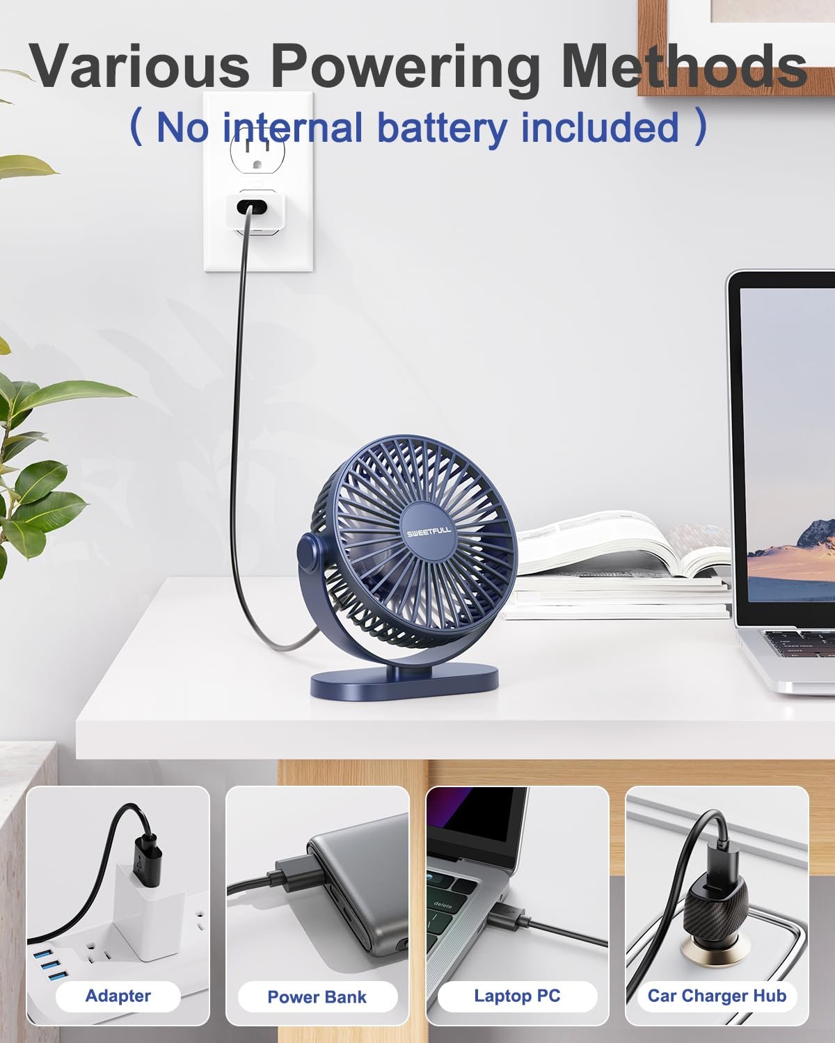 Настольный вентилятор SWEETFULL USB, 3 скорости, тихий, регулируемый на 360°, мини, портативный, компактный для дома, спальни, путешествий, улицы, маленький, фото №4
