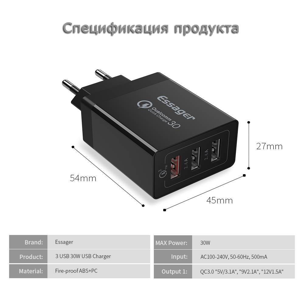 Зарядное устройство Quick Charge 3.0 ESSAGER USB 30Вт, фото №3