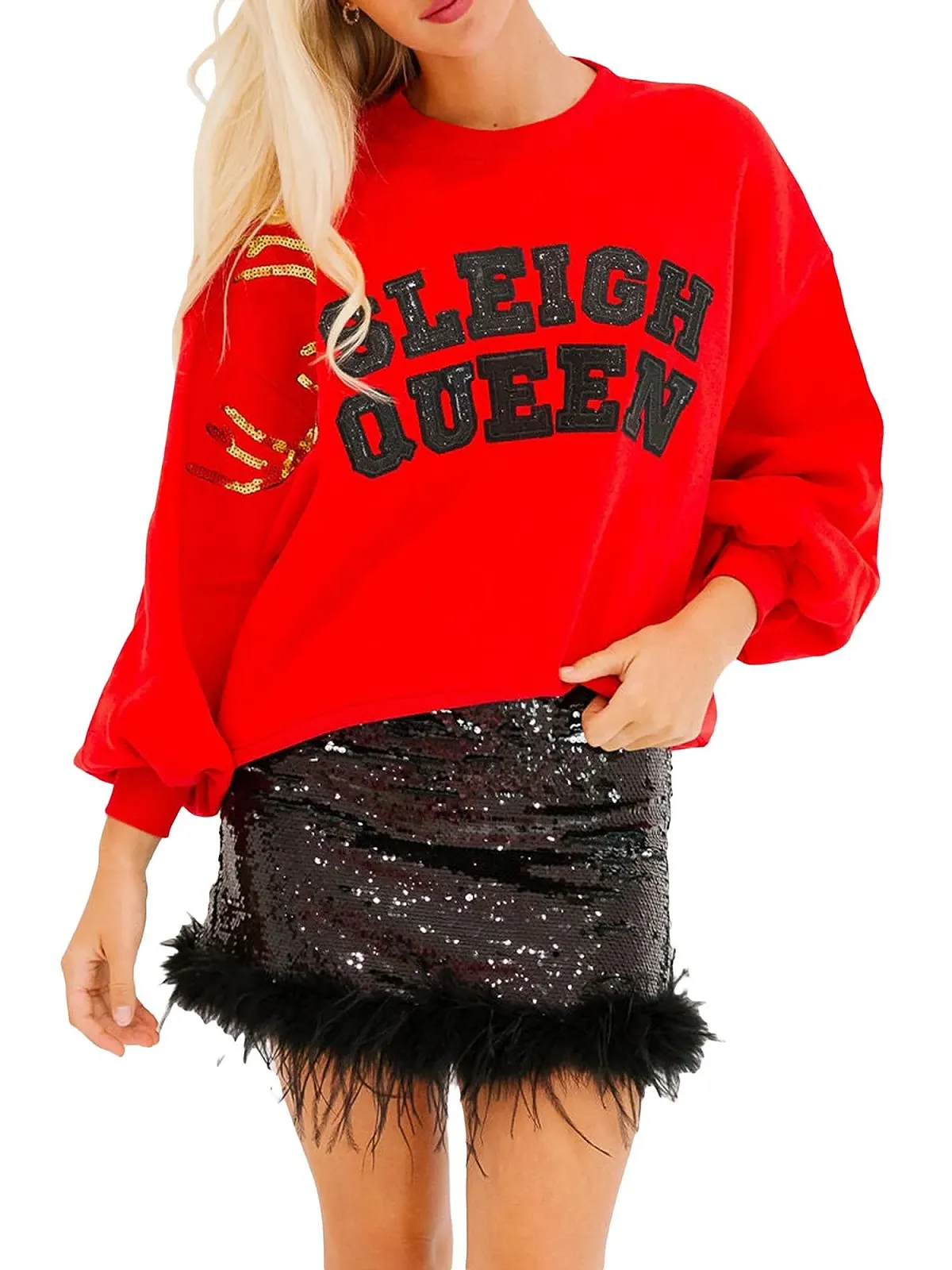 SANSIWU Женский Ретро Свитшот с блестящими стразами, графической надписью, круглым вырезом, длинными рукавами, повседневный джемпер, рождественские праздничные топы, фото №1