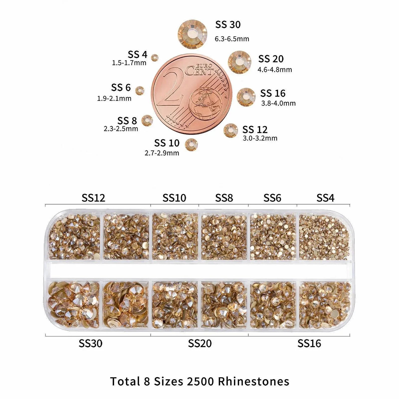 Набор страз Beadsland Смешанный, 8 размеров, Плоские самоцветы, Круглые хрустальные стразы для рукоделия с пинцетом и ручкой (Золотое шампанское), фото №3