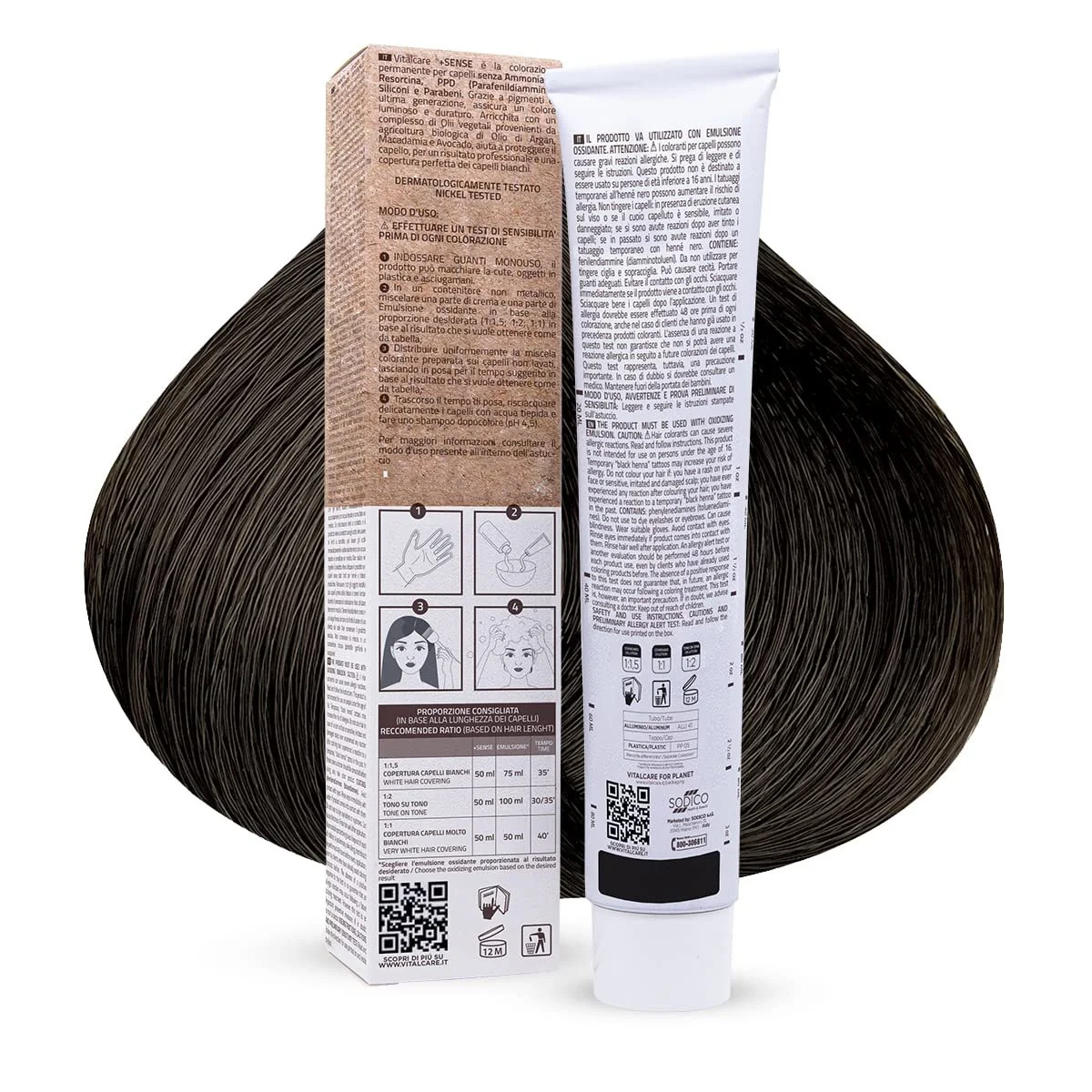 Фарба для волосся Vitalcare +Sense Professional Permanent, 3/00 Темно-коричневий, 100 мл, фото №2 Фарба для волосся Vitalcare +Sense Professional Permanent, 3/00 Темно-коричневий, 100 мл, фото №2