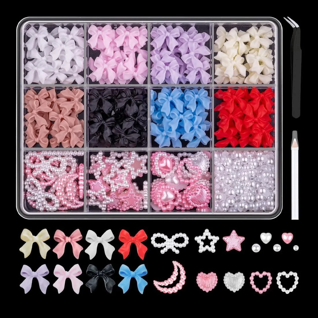 Набор для 3D украшений ногтей Сердце Звезда Бантики, Милые полимерные стразы для ногтей и декорации Содержит пинцет и ручку для точек, фото №1