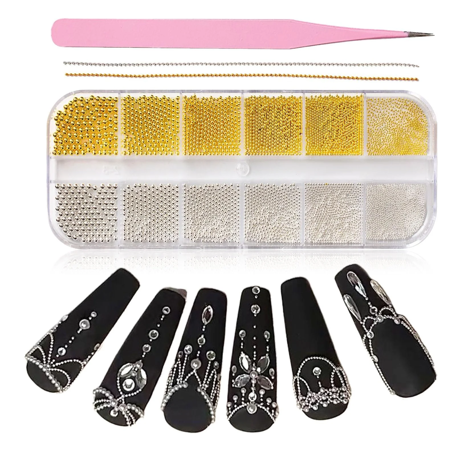 Икра для ногтей GlamRays, золотые украшения для ногтей 12 Degree и серебряные икринки для ногтей, 2 упаковки цепочек для дизайна ногтей, ювелирные изделия для ногтей, бисер для ногтей, фото №1