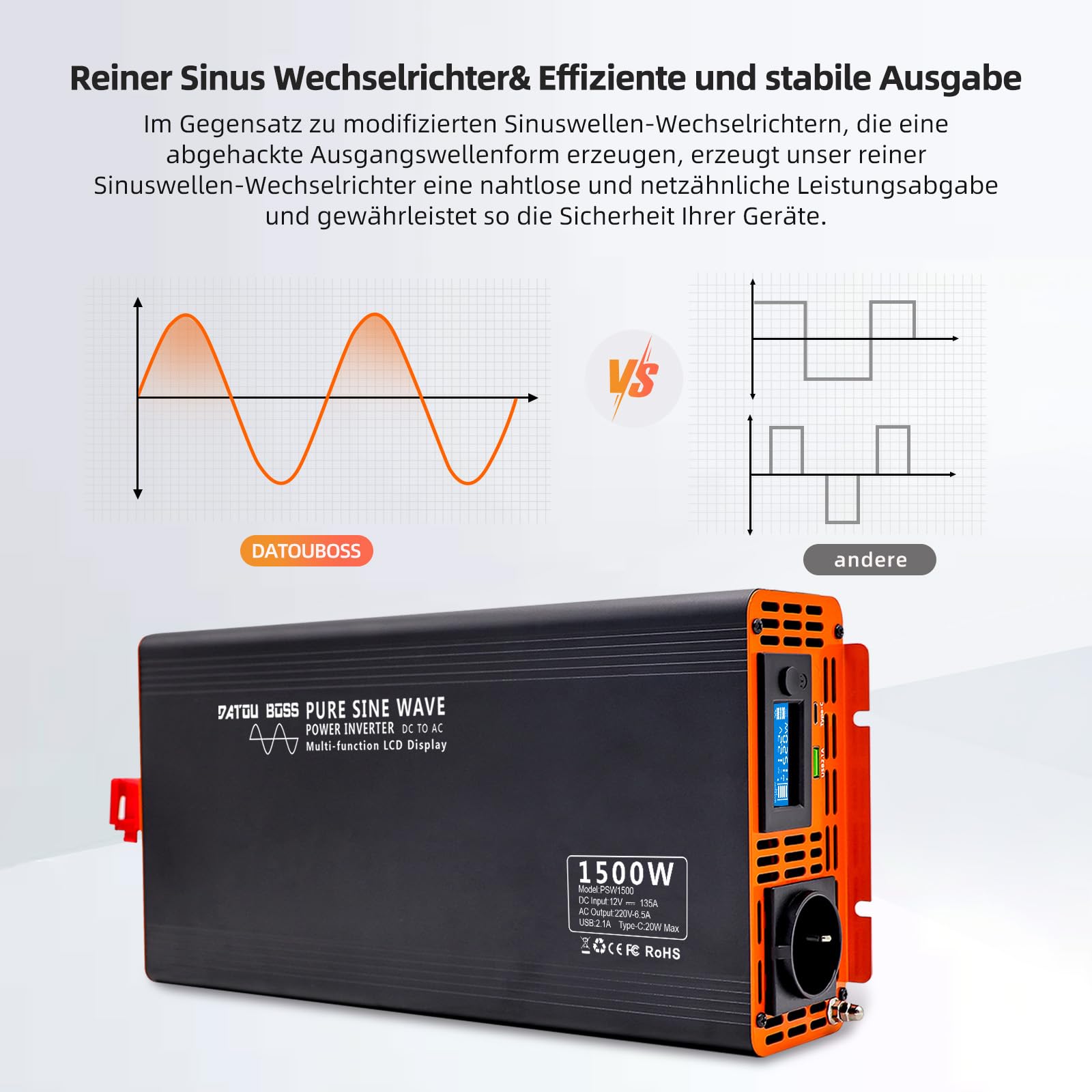 Инвертор DATOUBOSS Pure Sine Wave 1500 W/3000 W 24 В/230 В с EU розетками, USB/USB-C и LCD Дисплеем, фото №4