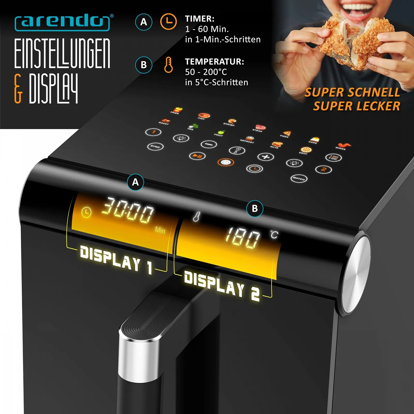 Мультипіч Arendo XXL Dual Zone 11.4 л 2 камери Оглядове вікно 13 програм BPA Free 3D-конвекція Sync & Match 2800 Вт, фото №3 Мультипіч Arendo XXL Dual Zone 11.4 л 2 камери Оглядове вікно 13 програм BPA Free 3D-конвекція Sync & Match 2800 Вт, фото №3