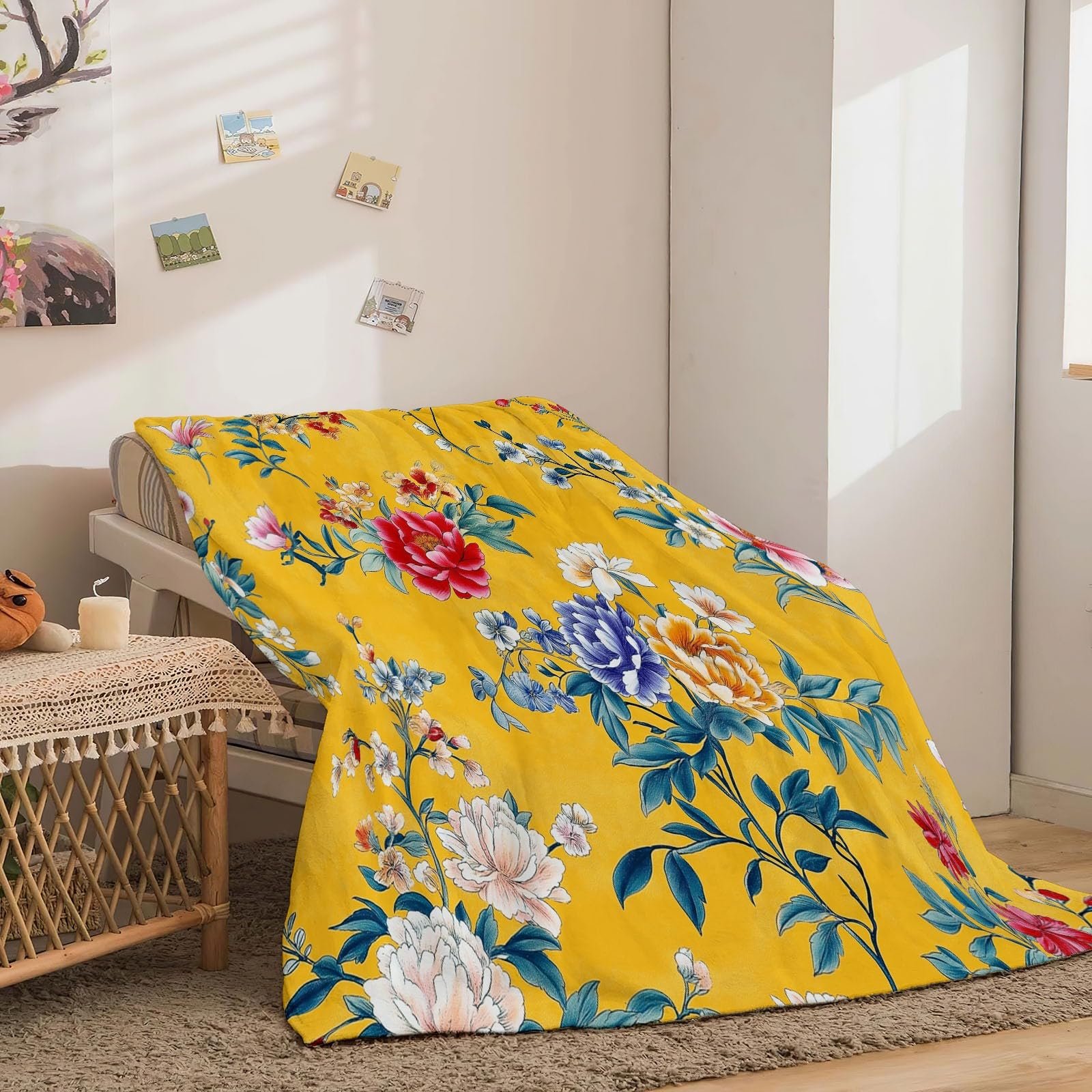 Фланелева Покривало Жовта плюшева фланелева Покривало з теплими китайськими традиційними елегантними квітами, фото №5
