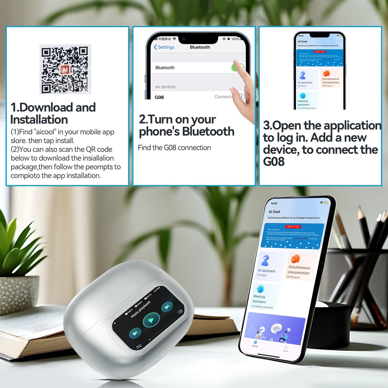 Наушники-переводчики AI 3-в-1 Real Time Translator 138 языков с сенсорным LCD-экраном для путешествий, обучения, спорта, (белый), фото №7