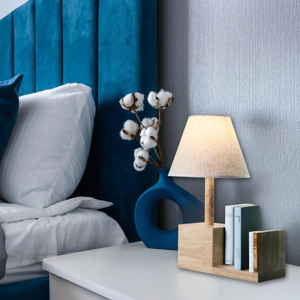 Настільна лампа дерев'яна з полицею для книг та тканинним абажуром 30 x 40 x 22 см E27, фото №5