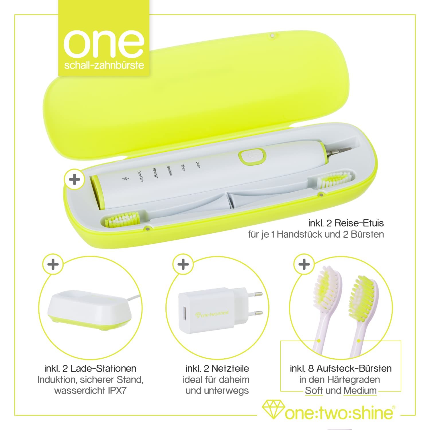 Електрична звукова зубна щітка ONE:TWO:SHINE Twin Pack ONE набір із 2 щіток, 8 змінних насадок, 2 очищувачі язика, 2 дорожні футляри, 2 зарядні станції, 2 блоки живлення, фото №2