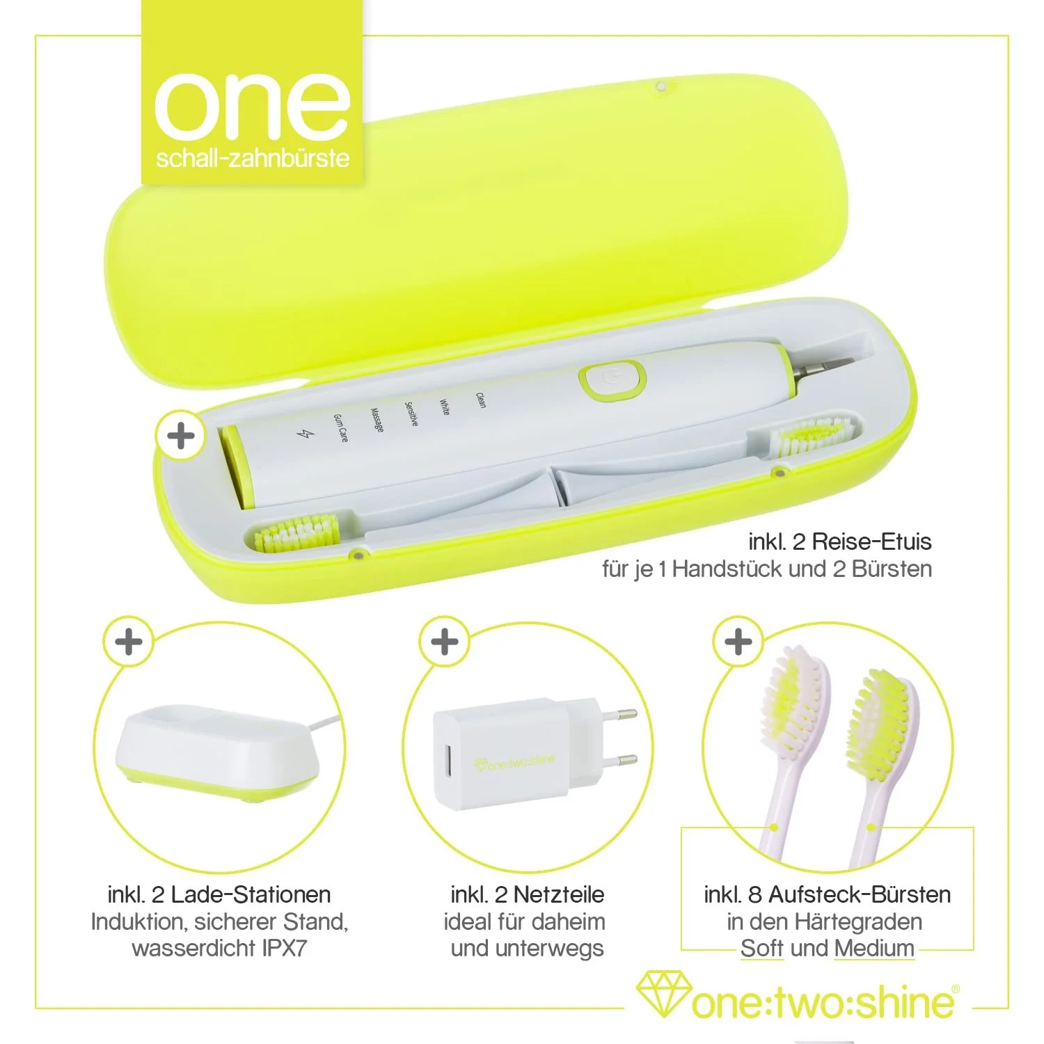 Электрическая звуковая зубная щетка ONE:TWO:SHINE Twin Pack ONE набор из 2 щеток, 8 сменных насадок, 2 очистителя языка, 2 дорожных футляра, 2 зарядные станции, 2 блока питания, фото №2