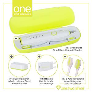 Електрична звукова зубна щітка ONE:TWO:SHINE Twin Pack ONE набір із 2 щіток, 8 змінних насадок, 2 очищувачі язика, 2 дорожні футляри, 2 зарядні станції, 2 блоки живлення synthetic.ua - Фото 1