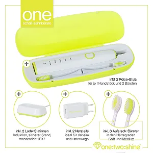 Електрична звукова зубна щітка ONE:TWO:SHINE Twin Pack ONE набір із 2 щіток, 8 змінних насадок, 2 очищувачі язика, 2 дорожні футляри, 2 зарядні станції, 2 блоки живлення synthetic.ua - Фото 1