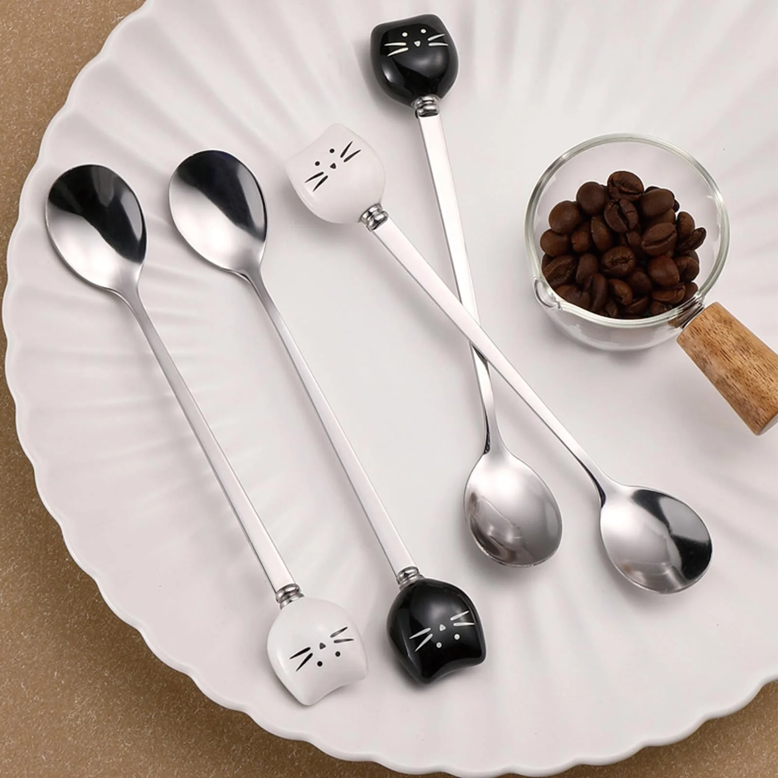 Кофейная ложка Голова, Набор 10 штук, Ложки для кошачьего корма, ложка из нержавеющей стали, ложка для влажного корма, Тонко полированная ложка для мороженого, Чайная ложка для размешивания сахара (Черный, Белый), фото №6