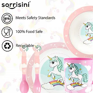Набор детской посуды Sorrisini Единорог (тарелка, миска, столовые приборы, чашка) из твердого пластика для микроволновой печи synthetic.ua - Фото 1