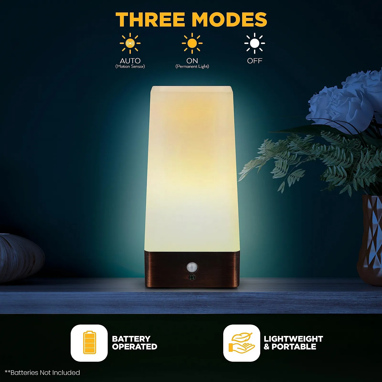 Настільна лампа The Glowhouse LED бездротова з датчиком руху PIR на батарейках квадратна, фото №5