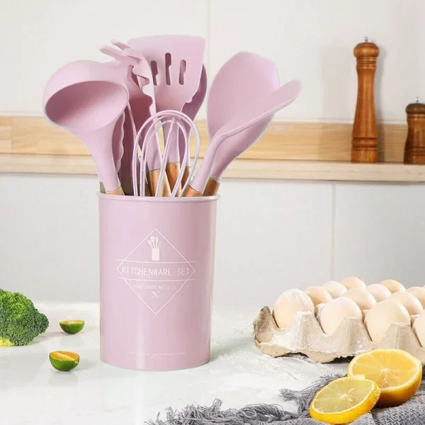 Набор кухонных принадлежностей силикон 12 предметов Kitchen Set Кухонный в стакане RD-1204 Розовый, фото №2