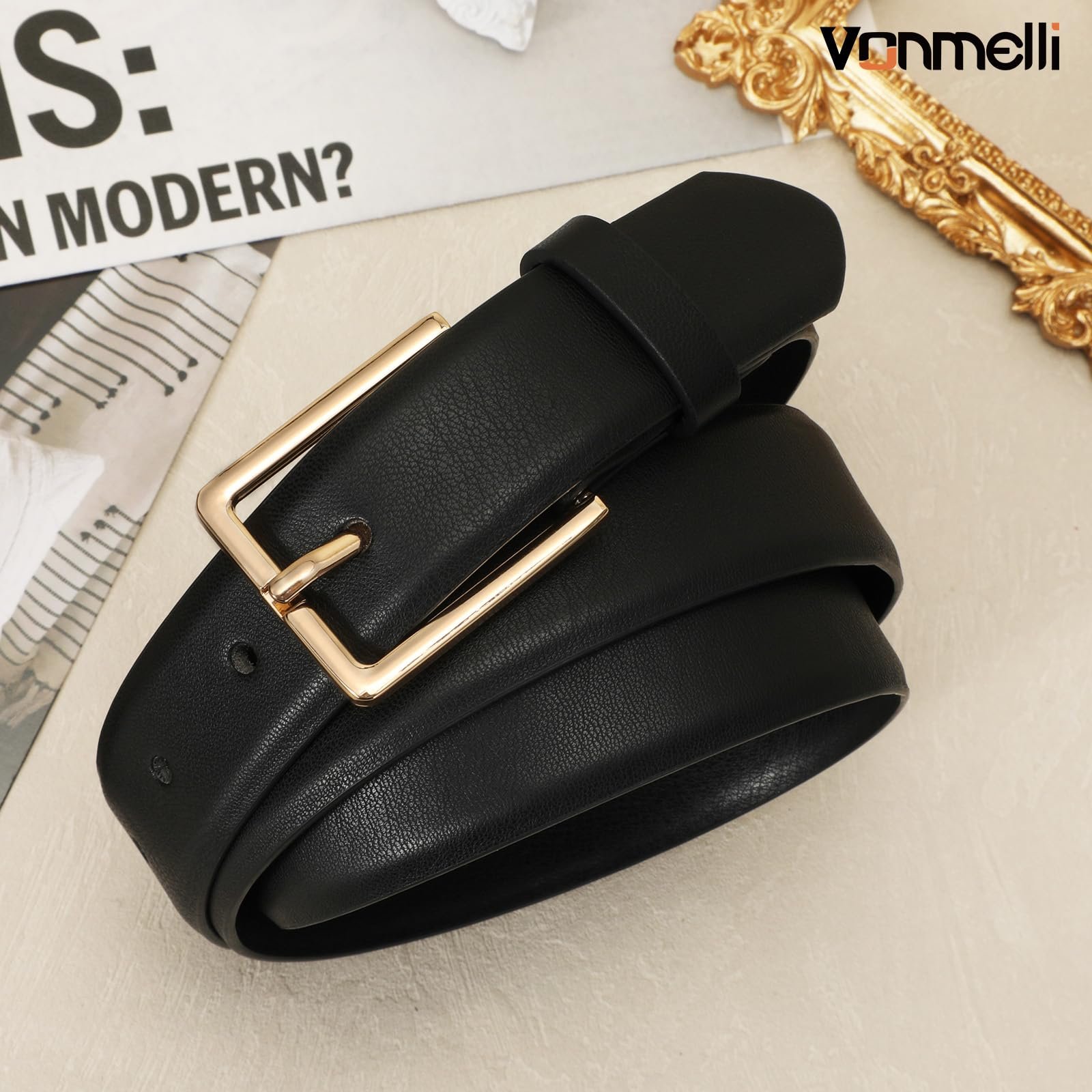 Женский кожаный ремень VONMELLI для джинсов, платьев, черный, на талию 96-107 см, фото №4