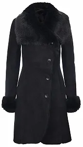 Пальто Infinity Leather Жіноче Тепле Чорне Замшеве з мериноса, овчини з коміром Toscana - Фото 1