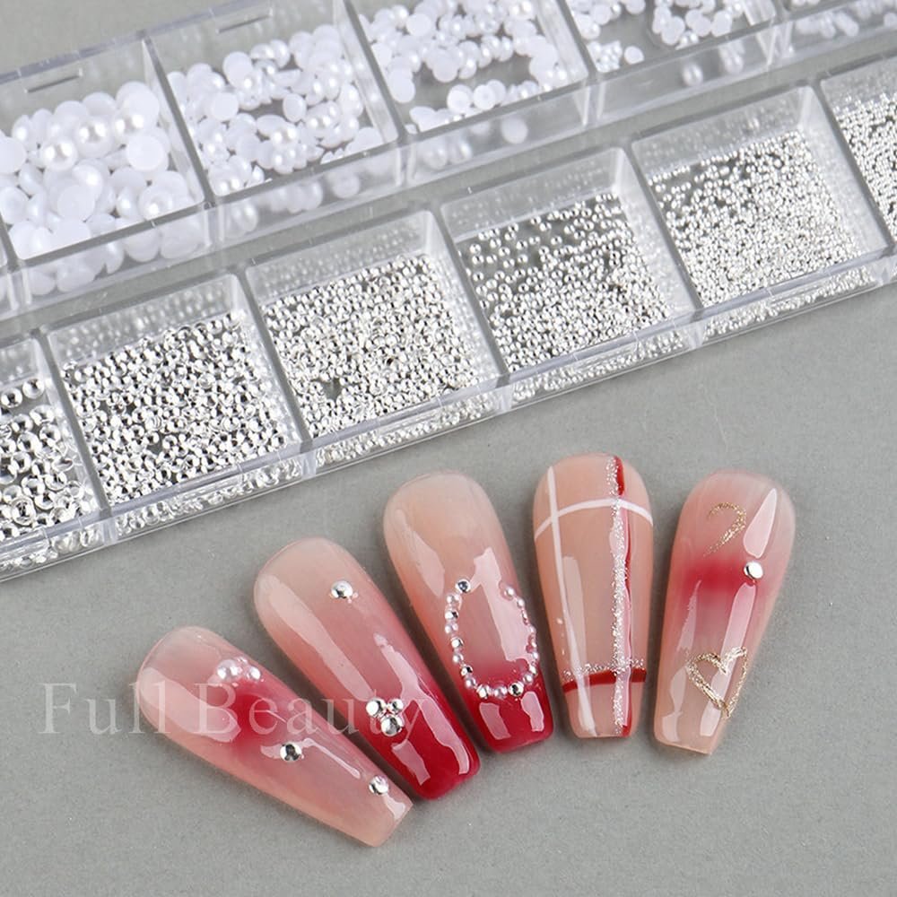 Стразы для ногтей 1 Box/12 Grid, белые бусины для ногтей, полукруглые жемчужные шарики, украшения для ногтей, маленькие бусины из нержавеющей стали, икорные бусины, белые плоские бусины для ногтей/DIY, фото №4
