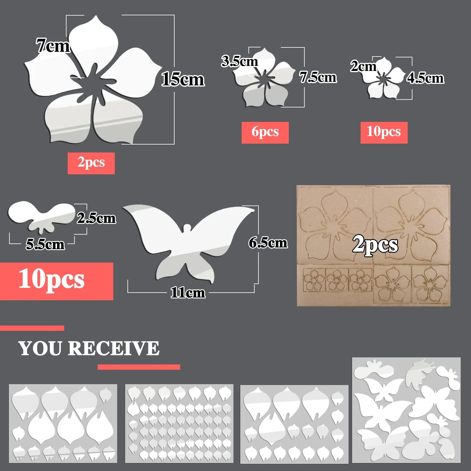 Наклейки на стіну Акрилові квіти та метелики 28 шт. 3D Mirror Silver, фото №2