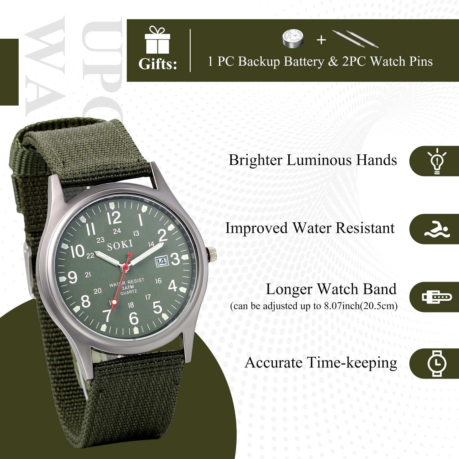 Годинник Silverora Чоловічі Військовий Nylon Великий Прості Циферблат Аналоговий Кварцові Наручний Годинник Календар Дата З Нейлоновим Ремінцем Люмінесцентні Стрілки, фото №5