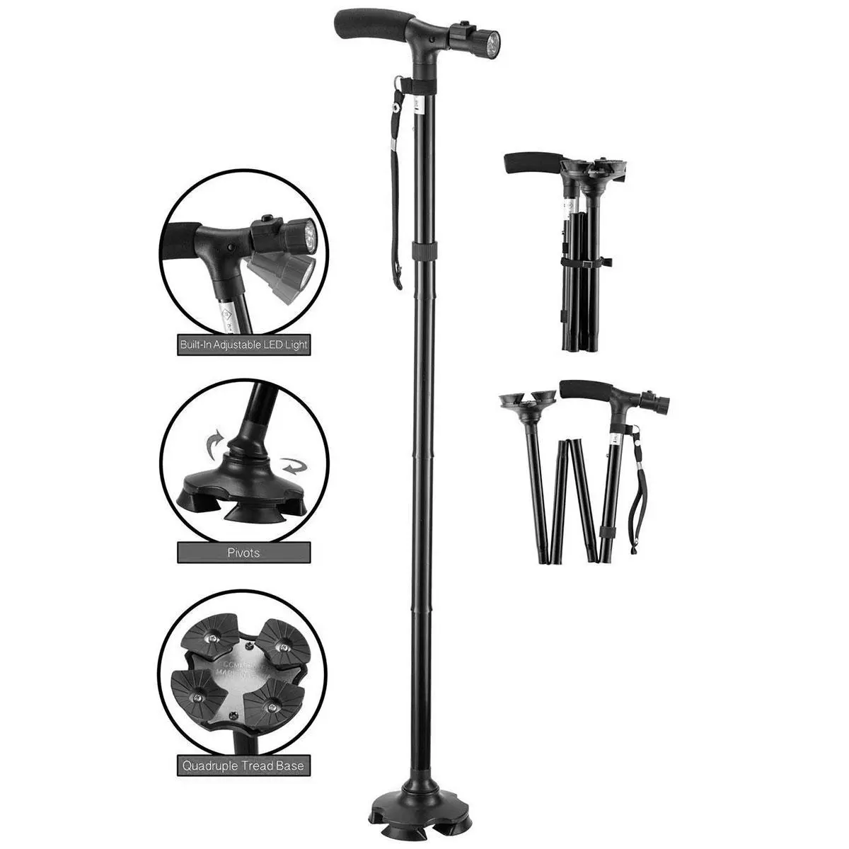 Трость для ходьбы с 4 опорами телескопическая и фонариком Ultimate Magic Cane черная складная, фото №2