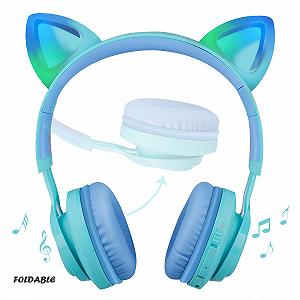 Навушники Riwbox CT-7S з котячими вушками Бездротові Bluetooth з обмеженням гучності 85 дБ LED-підсвічуванням та мікрофоном Синій/Зелений synthetic.ua - Фото 1
