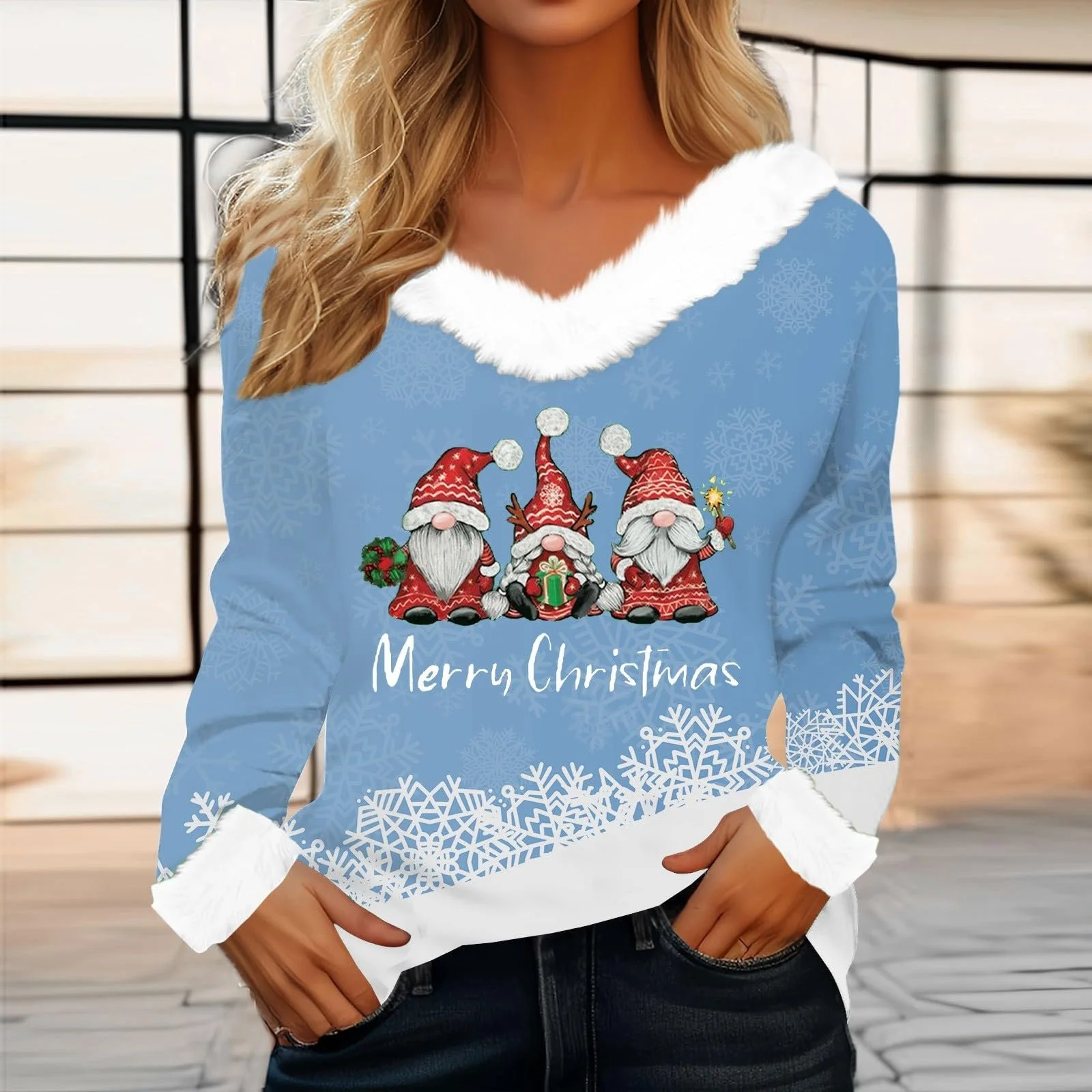 Рождественский свитер Женский Смешная кофта с V-образным вырезом Пушистая Рождественская блузка с принтом винного бокала Повседневная рубашка с длинным рукавом Уродливый рождественский свитер Рождественский свитшот Рождественский топ, фото №2