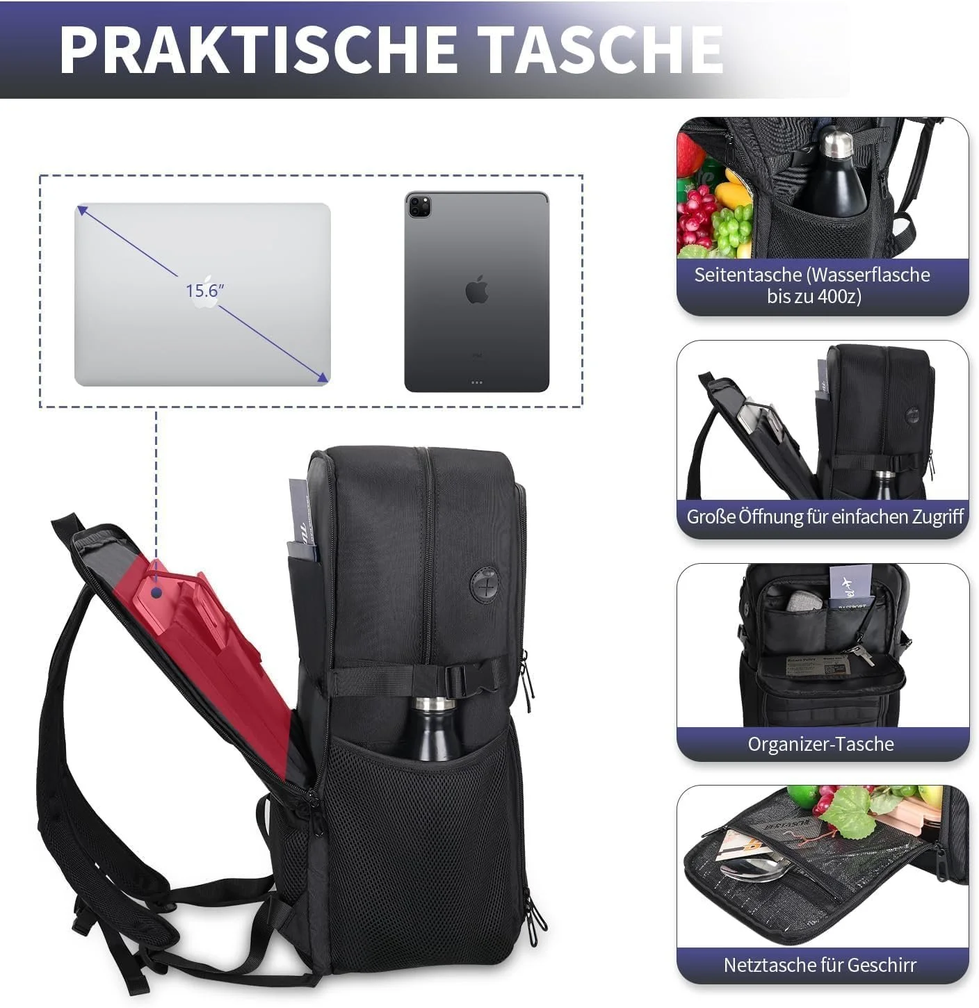 Рюкзак для ноутбука BERTASCHE 17.3" з термовідділенням Тактичний Чорний, фото №4