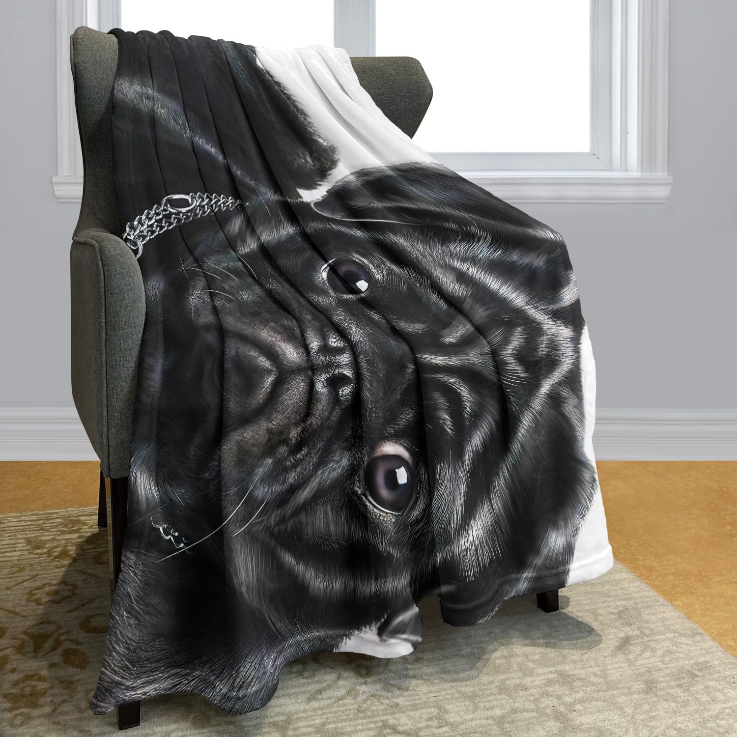 Одеяло YISUMEI Черный Мопс, Уютные одеяла, Мягкое флисовое одеяло из фланели, Покрывало на кровать, 125 x 150 см, фото №2