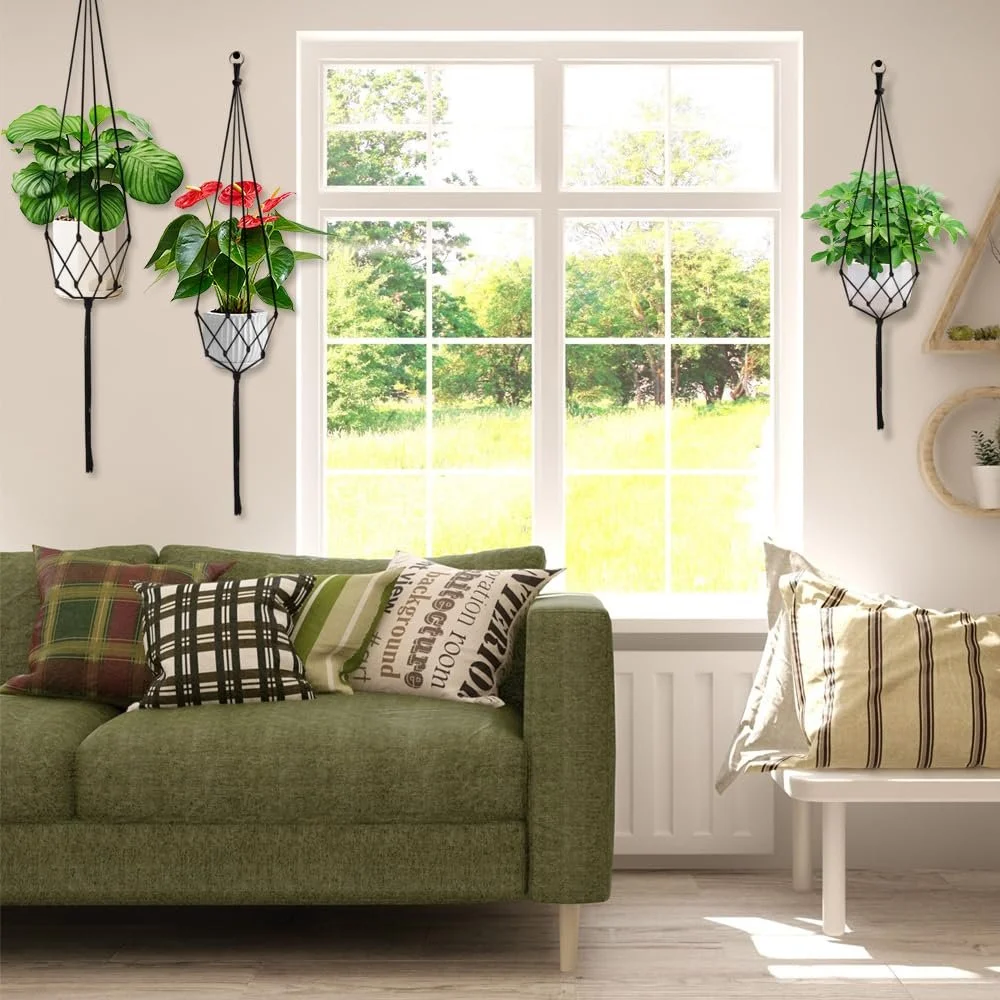 Підвісні кашпо макраме бавовняна мотузка 60/80/100 см 6 шт Чорний, фото №6