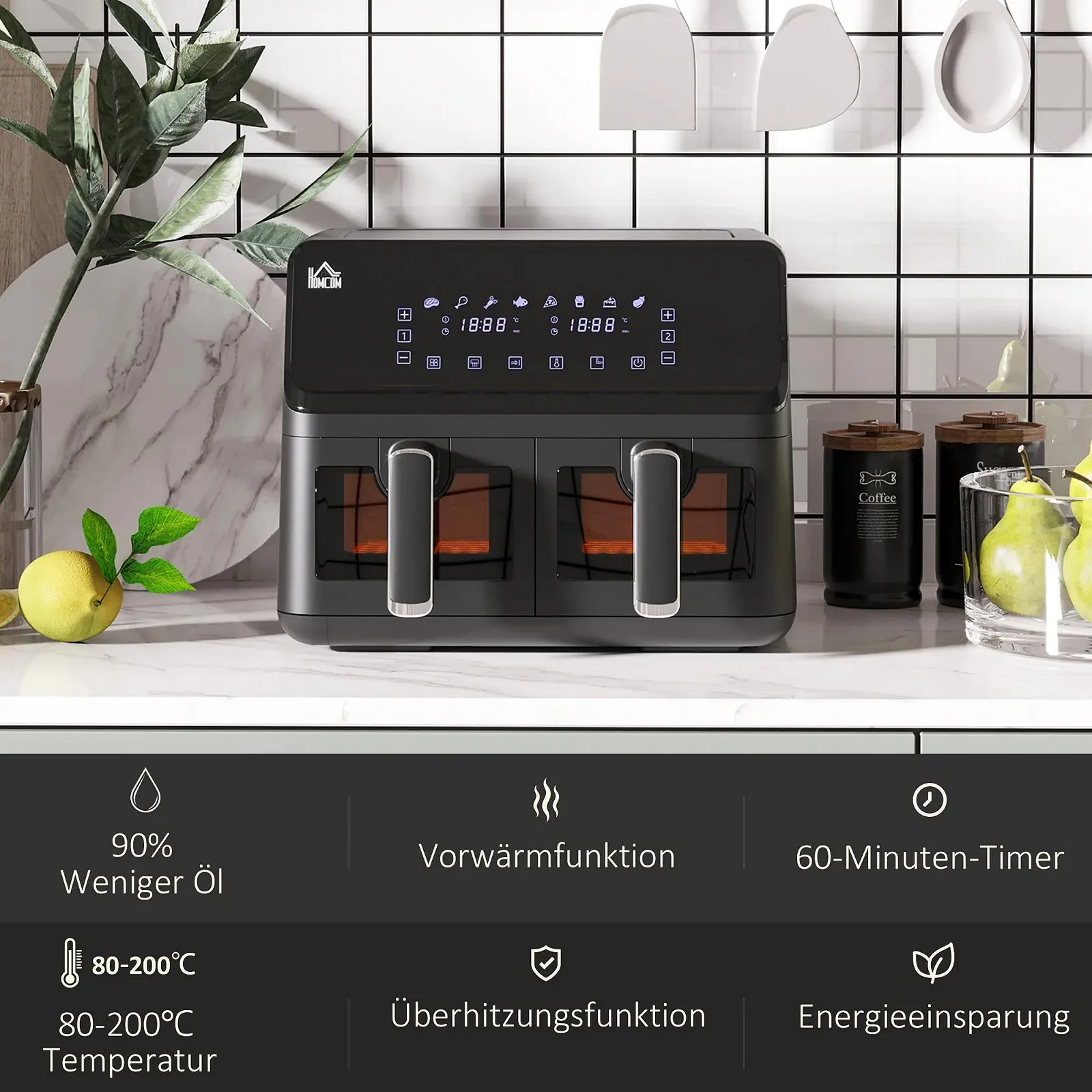 Мультипіч HOMCOM Dual Zone 8 л 2500 W 2 відділення 8 програм Чорна, фото №5 Мультипіч HOMCOM Dual Zone 8 л 2500 W 2 відділення 8 програм Чорна, фото №5