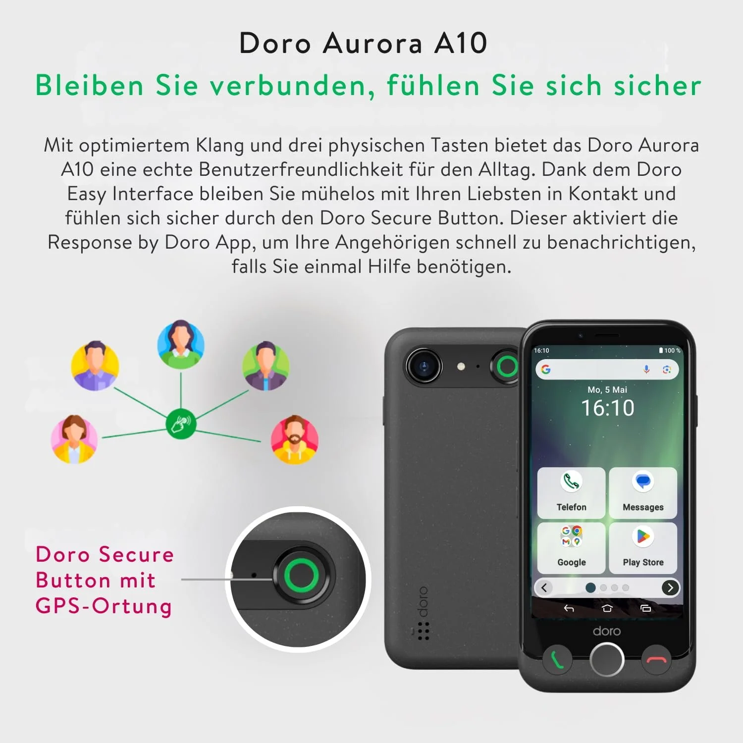 Мобильный телефон Doro Aurora A10 для пожилых людей с кнопкой помощи GPS USB-кабель в комплекте Graphite, фото №4