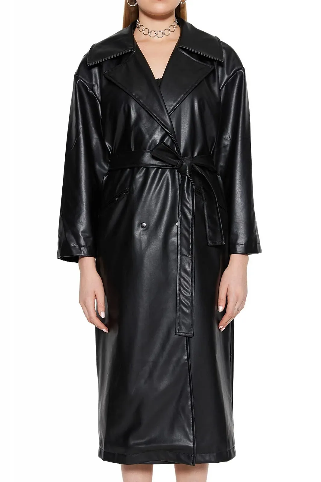 Тренч TRENDYOL Двубортный Однотонный, фото №4