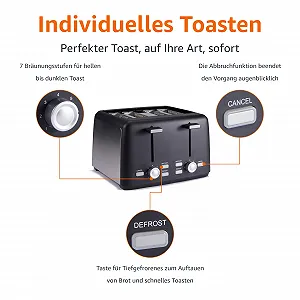 Тостер Amazon Basics на 4 скибочки з 7 рівнями підсмажування та знімним піддоном для крихт, дуже широкі слоти, 1500 Вт, чорний synthetic.ua - Фото 1