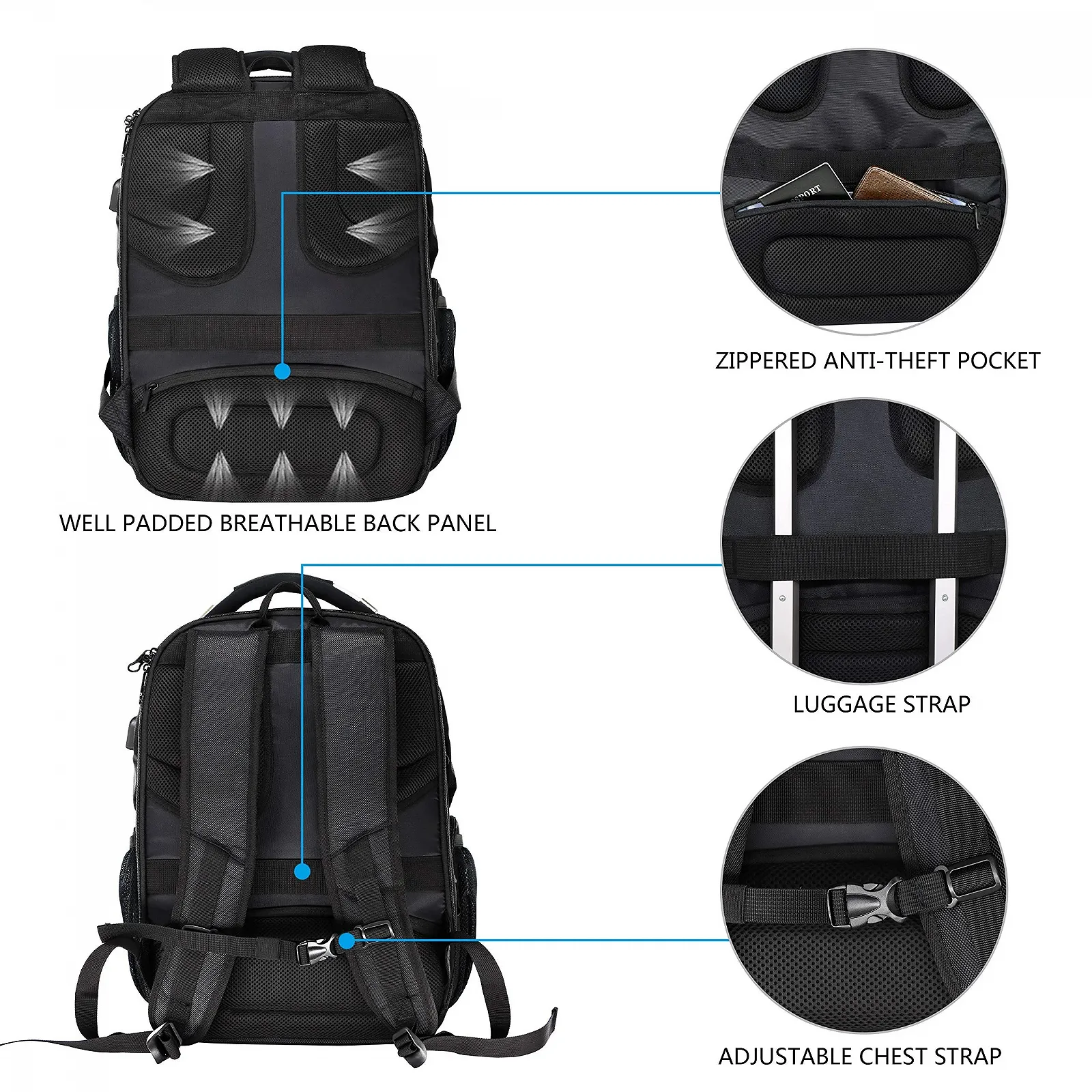 Рюкзак для ноутбука KROSER 17.3" Business Travel Waterproof RFID Black, фото №6