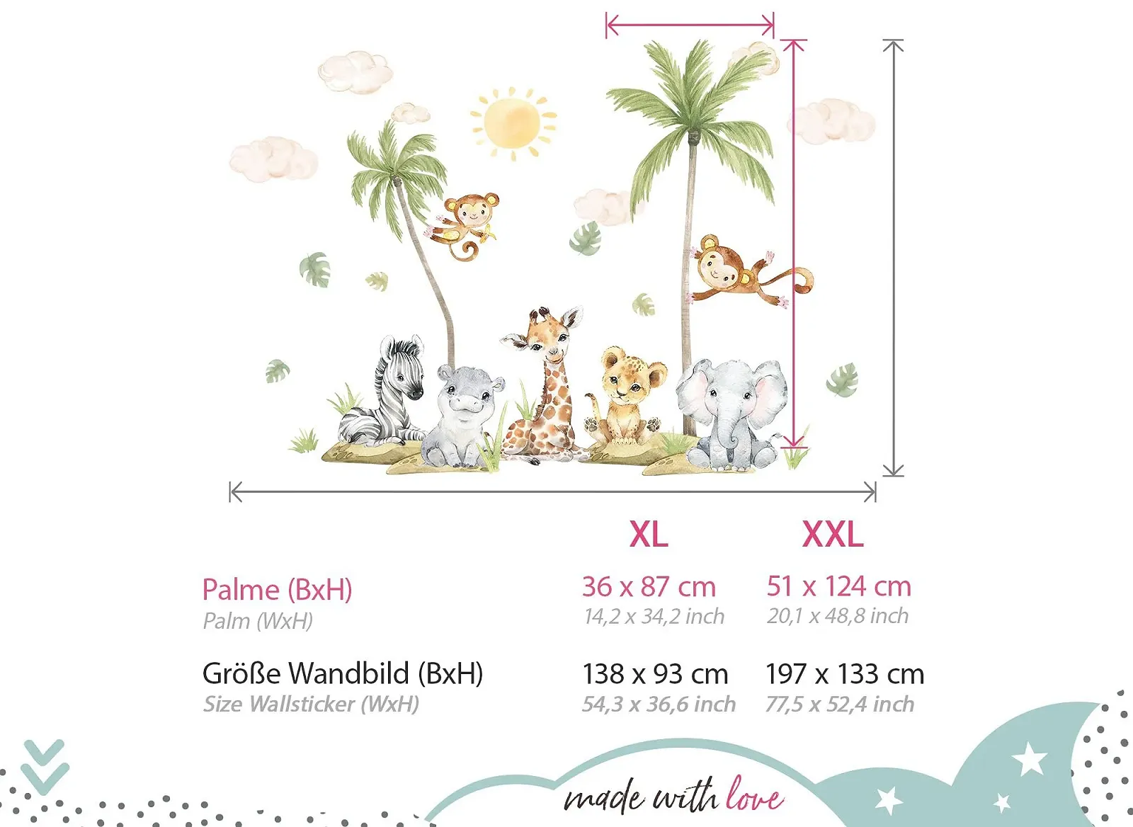 Наклейка на стену Little Deco DL5075 Safari Animals Giraffe Lion XXL, фото №3