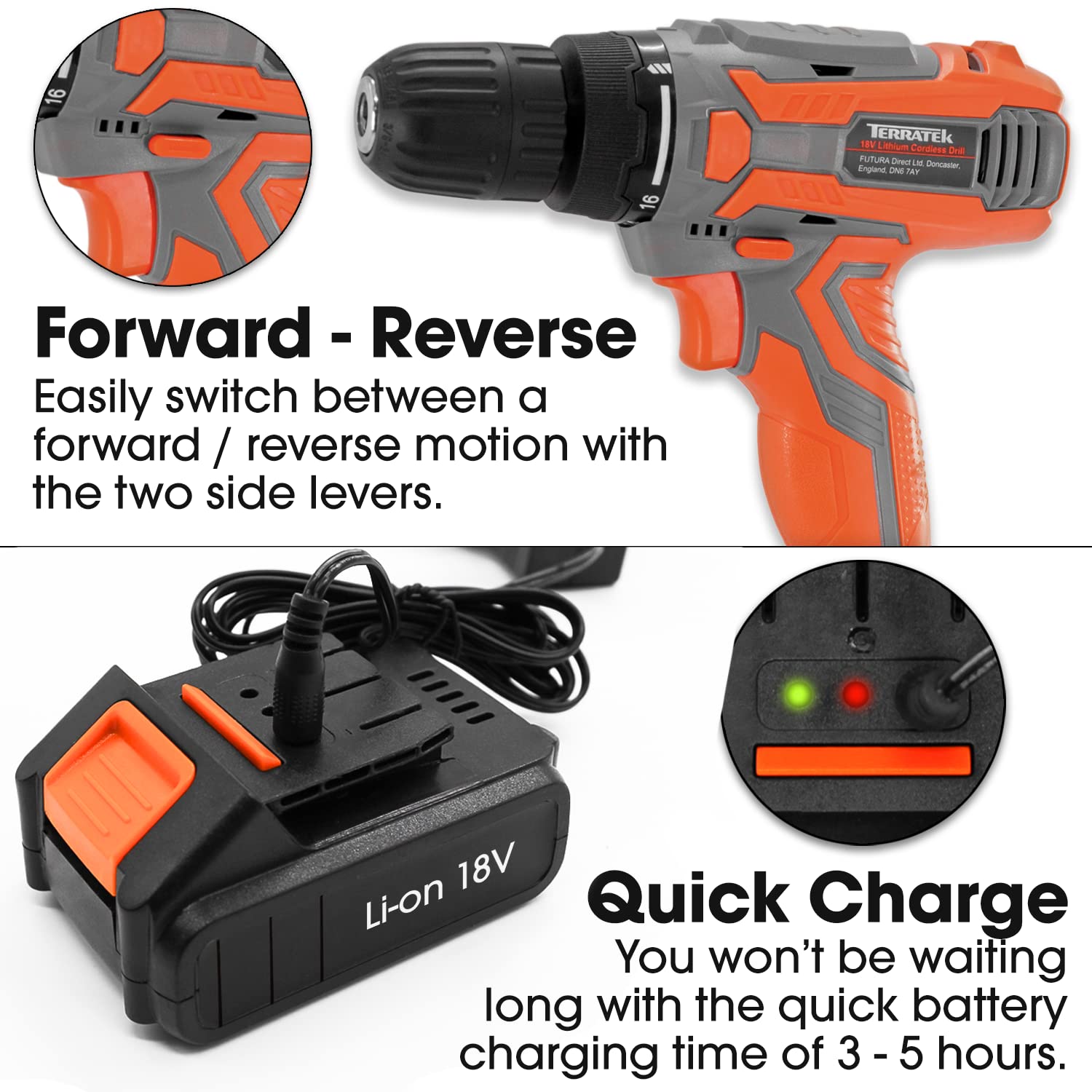 Шуруповерт Terratek Combi Drill 18V/20V-Max Li-Ion з LED-світлом у комплекті з акумулятором та зарядним пристроєм, фото №3