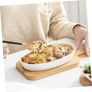 Набір форм для запікання керамічний овальний з дерев'яною підставкою для мікрохвильової печі та духовки легкий synthetic.ua - Фото 1