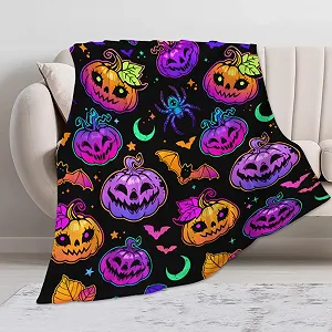 Одеяло Halloween Фланелевое С мотивами, такими как тыквы, привидения и летучие мыши - Фото 1