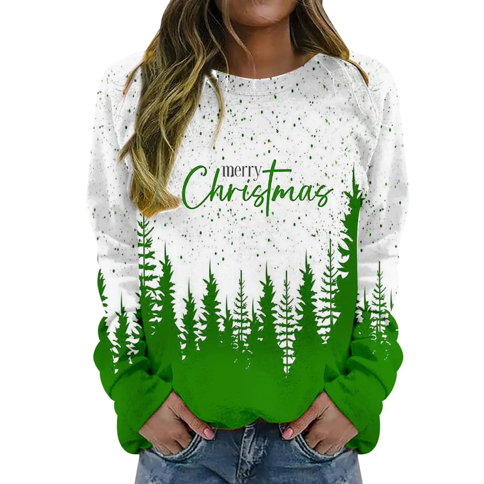 Рождественский свитер Женский С длинными рукавами Круглый вырез С принтом Снеговик Многоцветный, фото №1