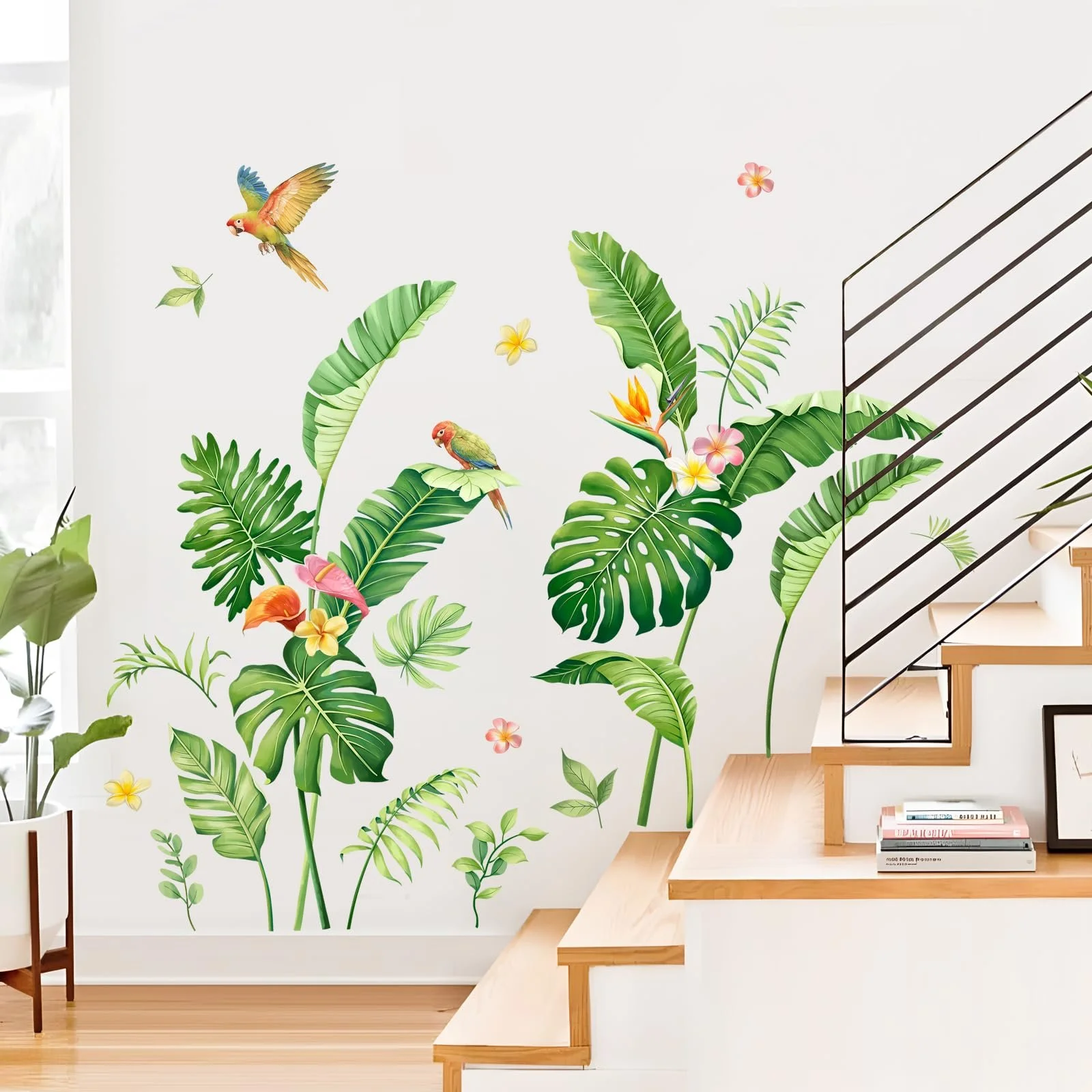 Наклейка на стіну Supzone Тропічне листя Пальма Монстера Квіти Птахи Зелена, фото №6