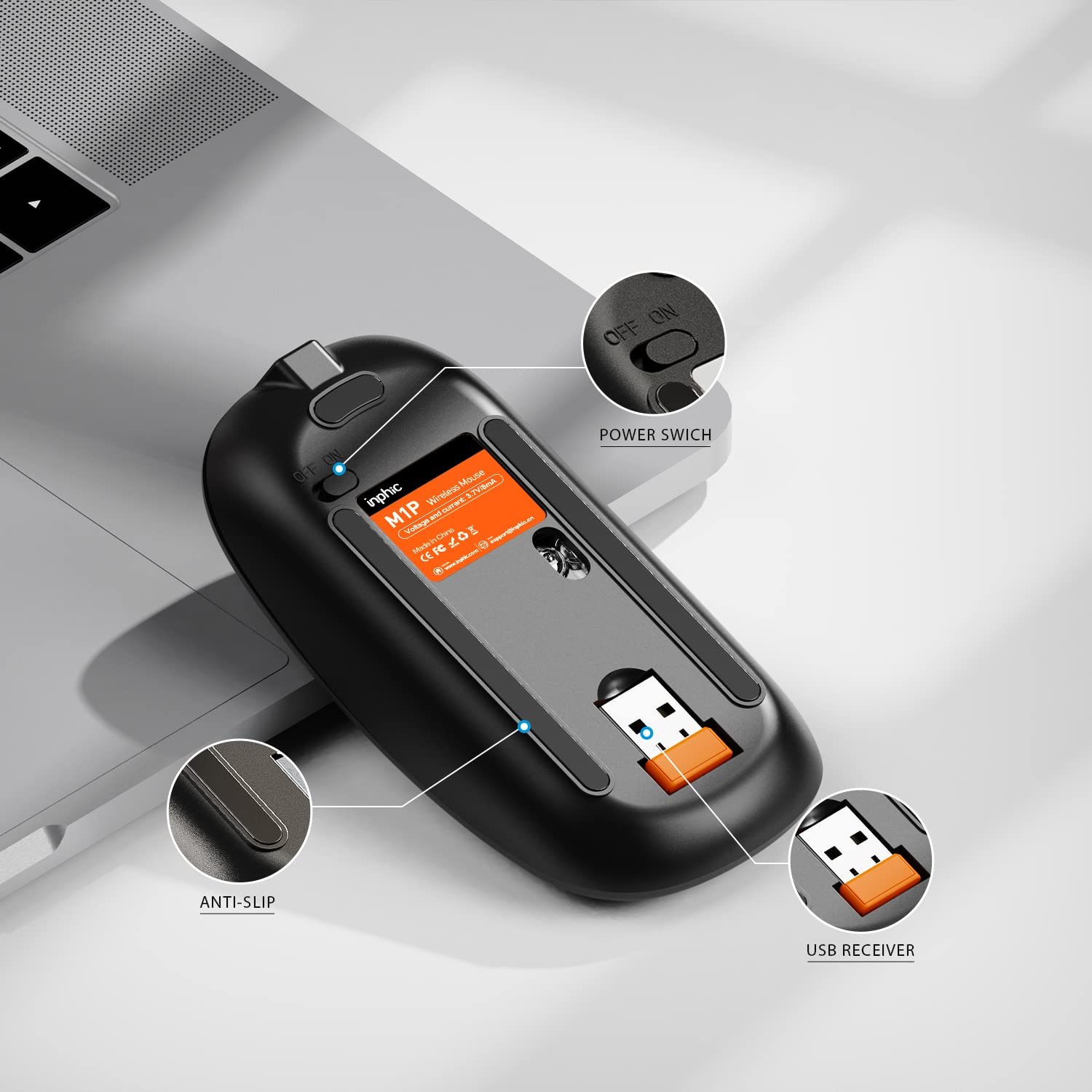 Мышь Inphic Беспроводная Перезаряжаемая Ультратонкая 2.4G Тихая Оптическая Компьютерная 1600 DPI с USB-ресивером Серая, фото №7