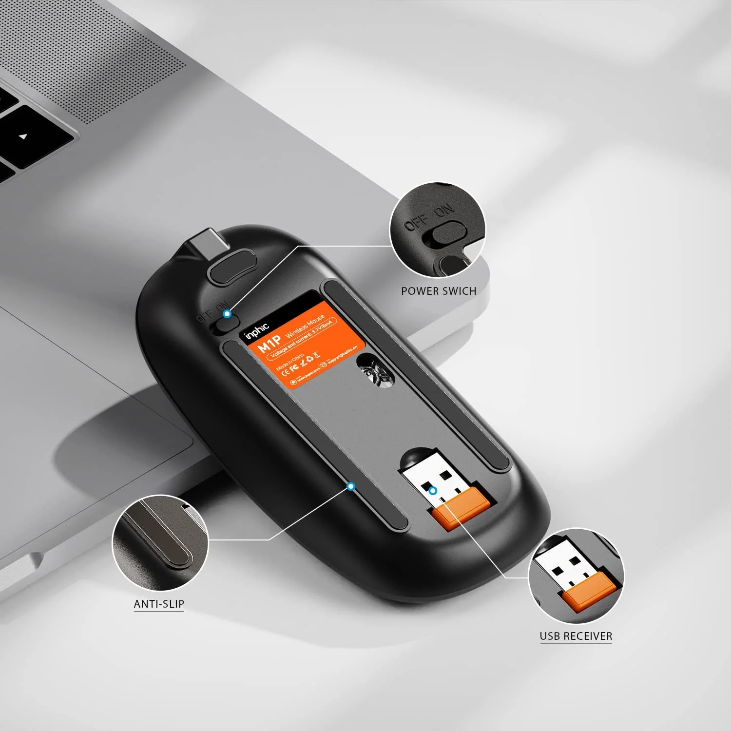 Мышь Inphic Беспроводная Перезаряжаемая Ультратонкая 2.4G Тихая Оптическая Компьютерная 1600 DPI с USB-ресивером Серая, фото №7