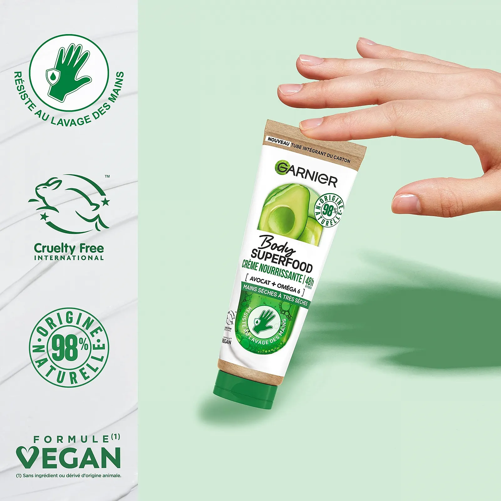 Крем для рук Garnier Body Superfood Питательный с авокадо и омега 6 - веганская формула с 98% натуральных ингредиентов - для очень сухой кожи рук - 75 мл, фото №2