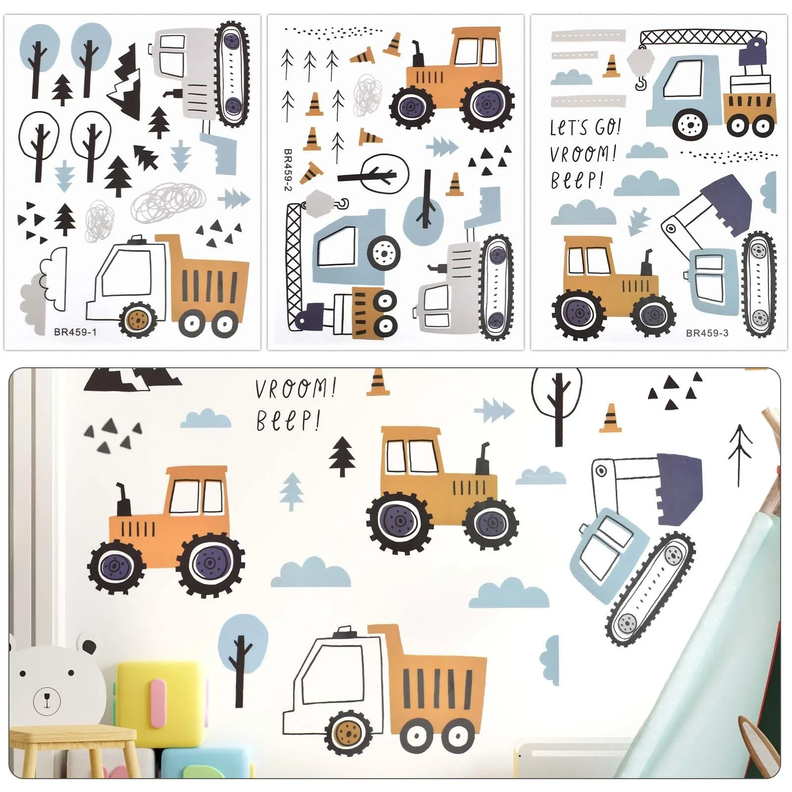 Настінні наклейки 3 аркуші Будівельна техніка Трактор Екскаватор Вантажівка Кран Знімні для дитячої кімнати, фото №4 Настінні наклейки 3 аркуші Будівельна техніка Трактор Екскаватор Вантажівка Кран Знімні для дитячої кімнати, фото №4