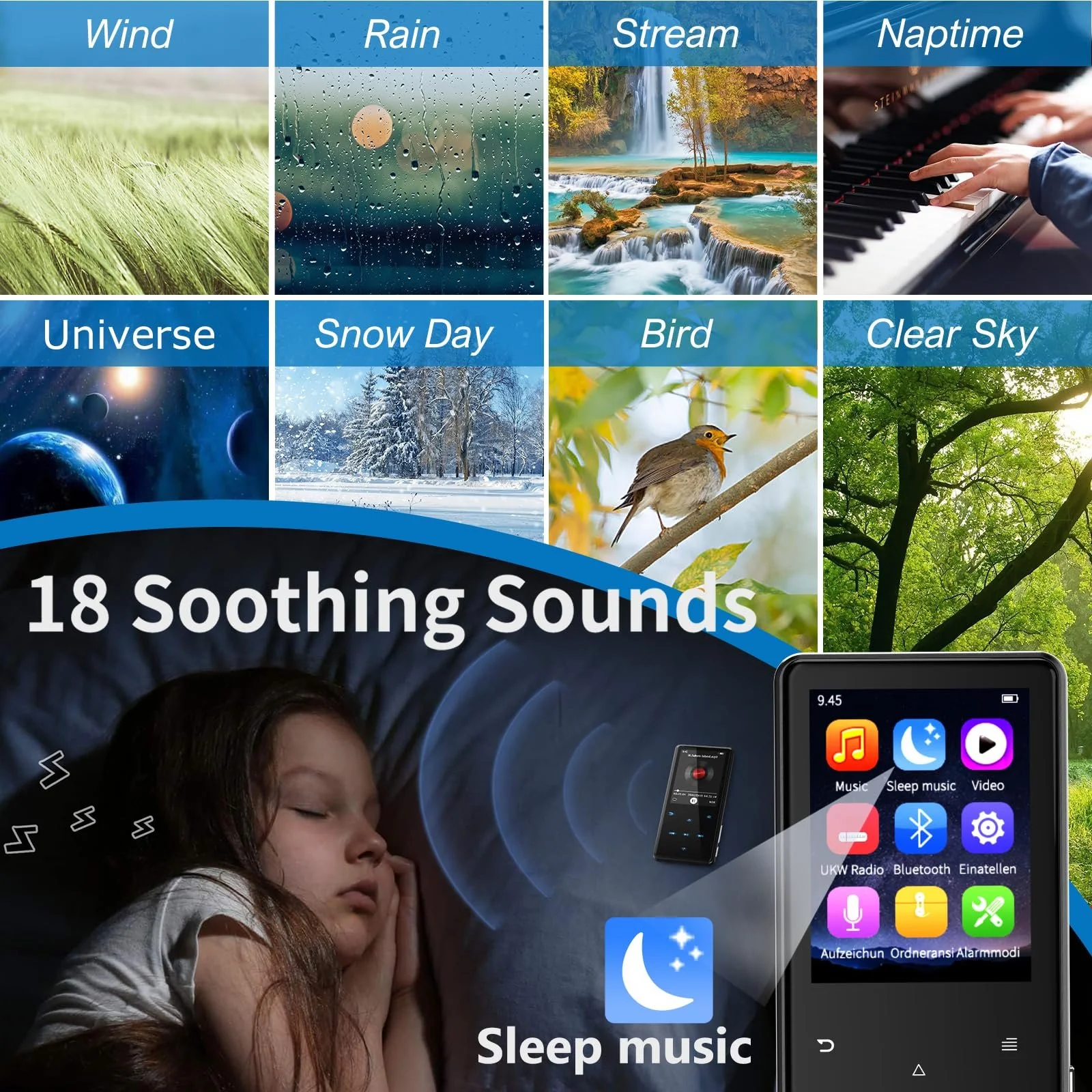 MP3-плеєр 64GB Bluetooth 5.3, 18 заспокійливих звуків, пристрій білого шуму для немовлят та дорослих для сну, вбудований HD динамік, диктофон, FM-радіо, TF-карта до 128GB, фото №4